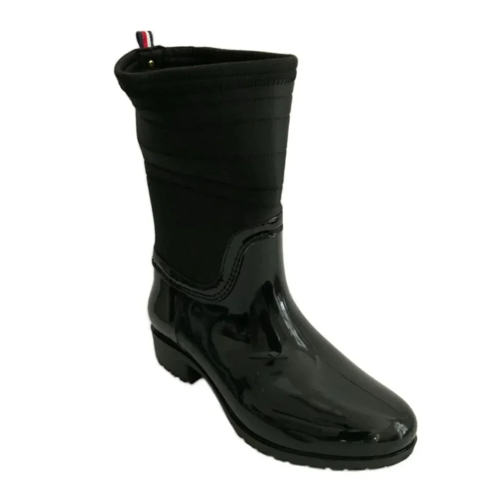 New Tommy Hilfiger Glossy Fonsi Hilfiger Stripe Rain Boot Black 6